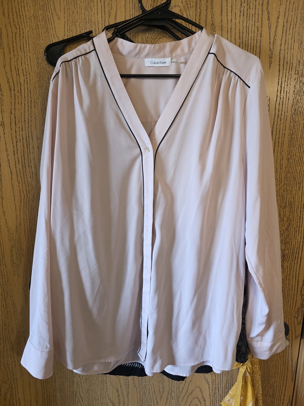 Calvin Klein Light Pink Satin V-Neck Top with Black Hanger Trim